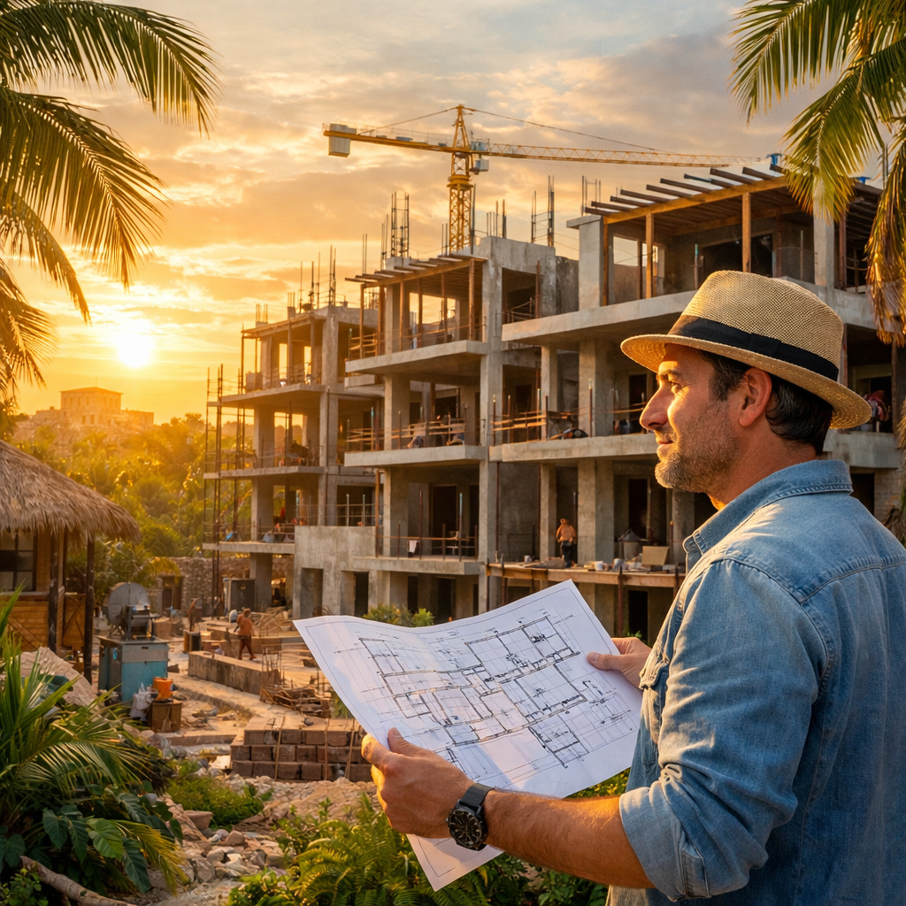 In a vibrant scene set against the lush backdrop of Tulums tropical landscape a real estate development emerges still in the throes of construction A-1