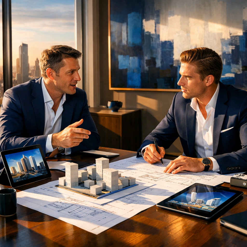 In a sleek modern office overlooking a bustling city skyline two white entrepreneurs engage in a dynamic meeting discussing innovative real estate str-1